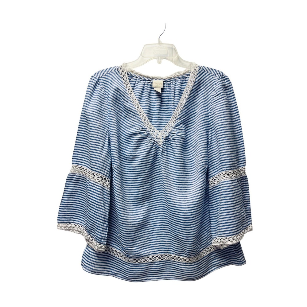 Chicos 2 (M 10-12) Blue Linen Blouse Striped Crochet Nautical Coastal Boho Fairy - Picture 1 of 4